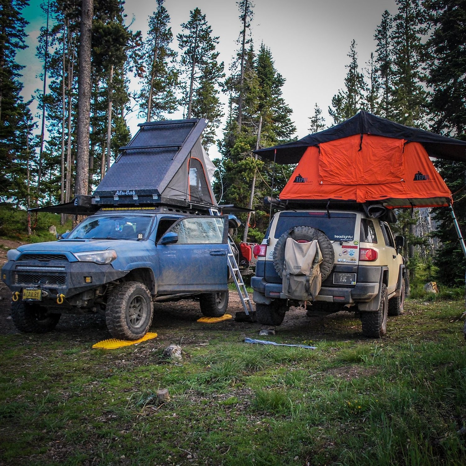 Blue 4Runner with a hard-shell tent and a tan FJ Cruiser with an orange rooftop tent at a forest camp on the North Meadow Creek Twin Lakes trail in the Tobacco Root Mountains, Montana