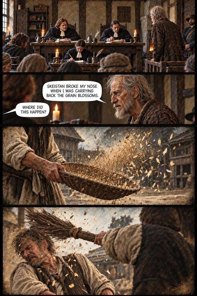 Painted comic page of a 1691 courtroom questioning an old peasant