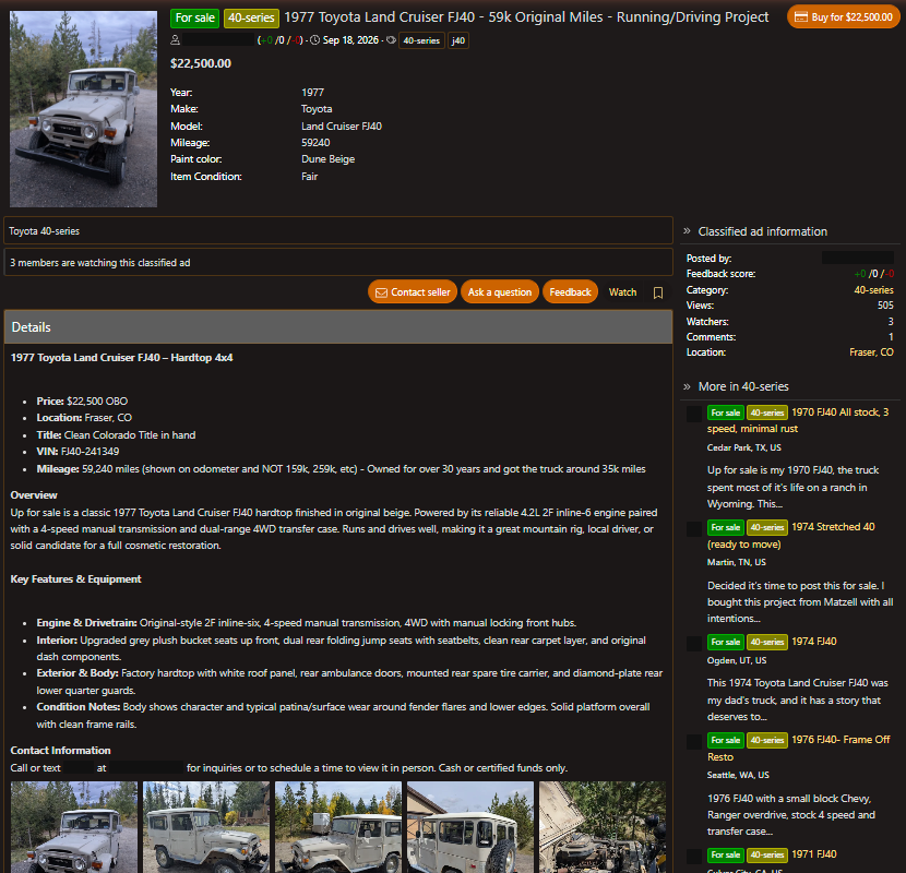 Saved copy of the IH8MUD classified ad for a 1977 Toyota FJ40 in Fraser, Colorado