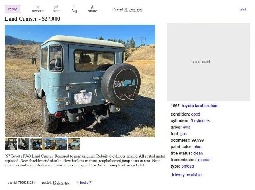 Screenshot of the Craigslist listing for a 1967 Toyota FJ40 Land Cruiser asking $27,000