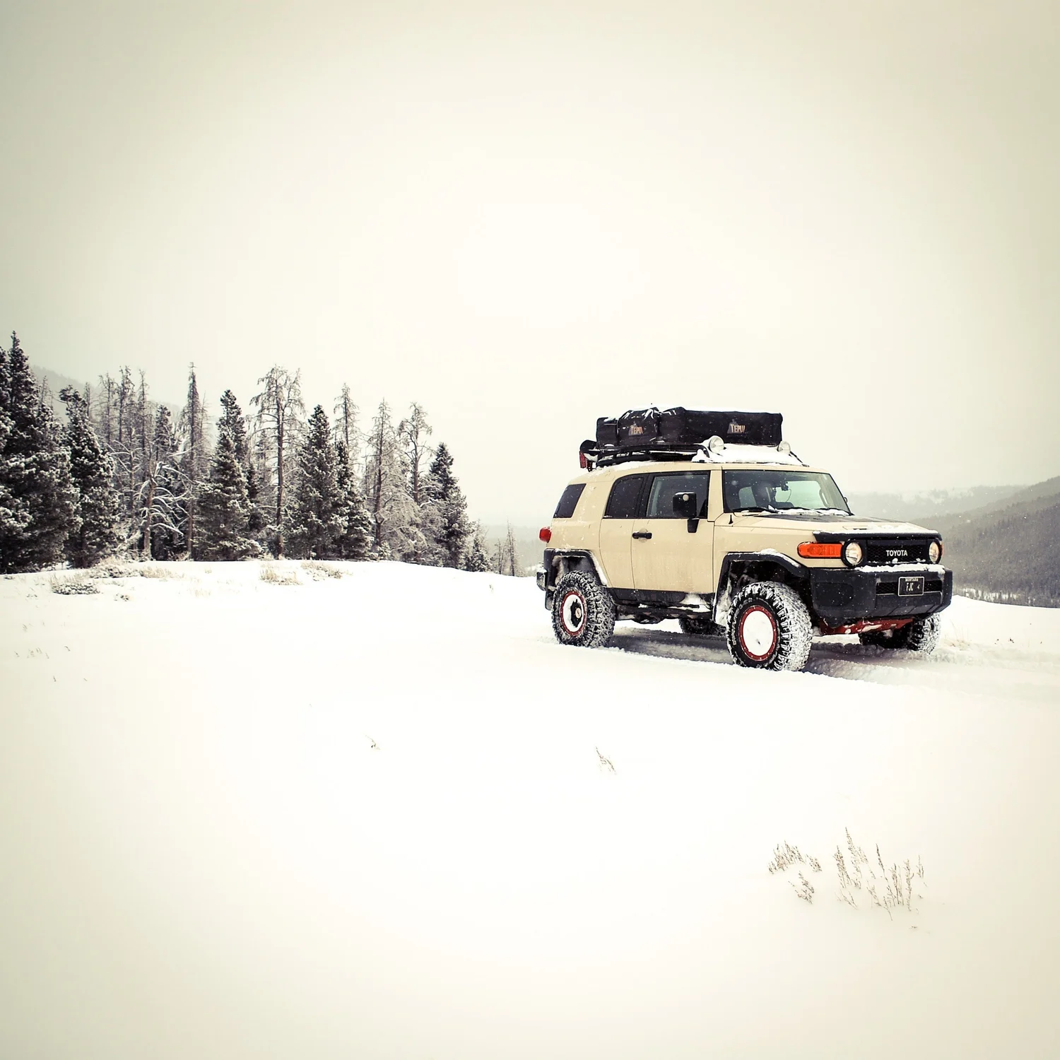Tan Toyota FJ Cruiser with a roof box parked in an untracked snowy meadow during a December snow wheeling run in Montana