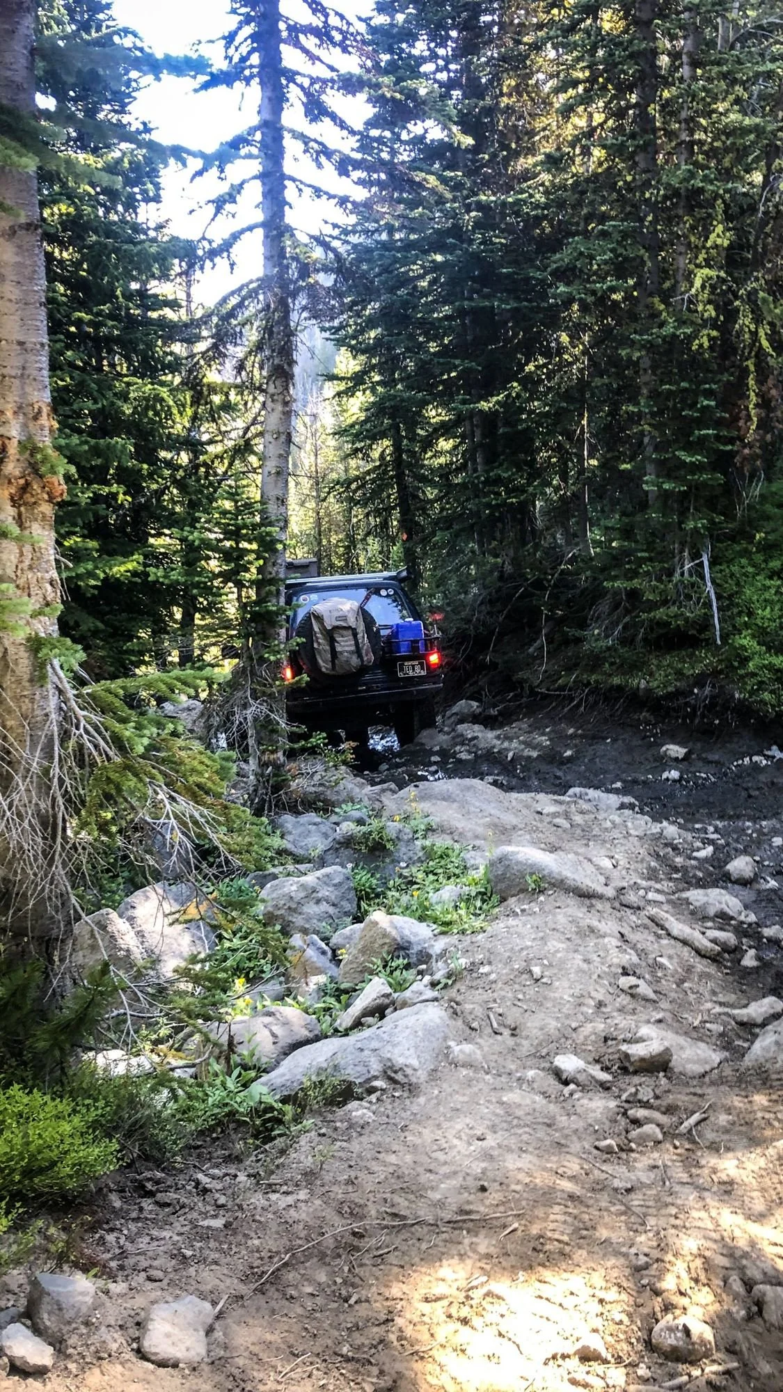 Land Cruiser with a spare tire on the back climbing a rocky trail through the forest on the North Meadow Creek trail to McKelvey Lake in the Tobacco Root Mountains, Montana