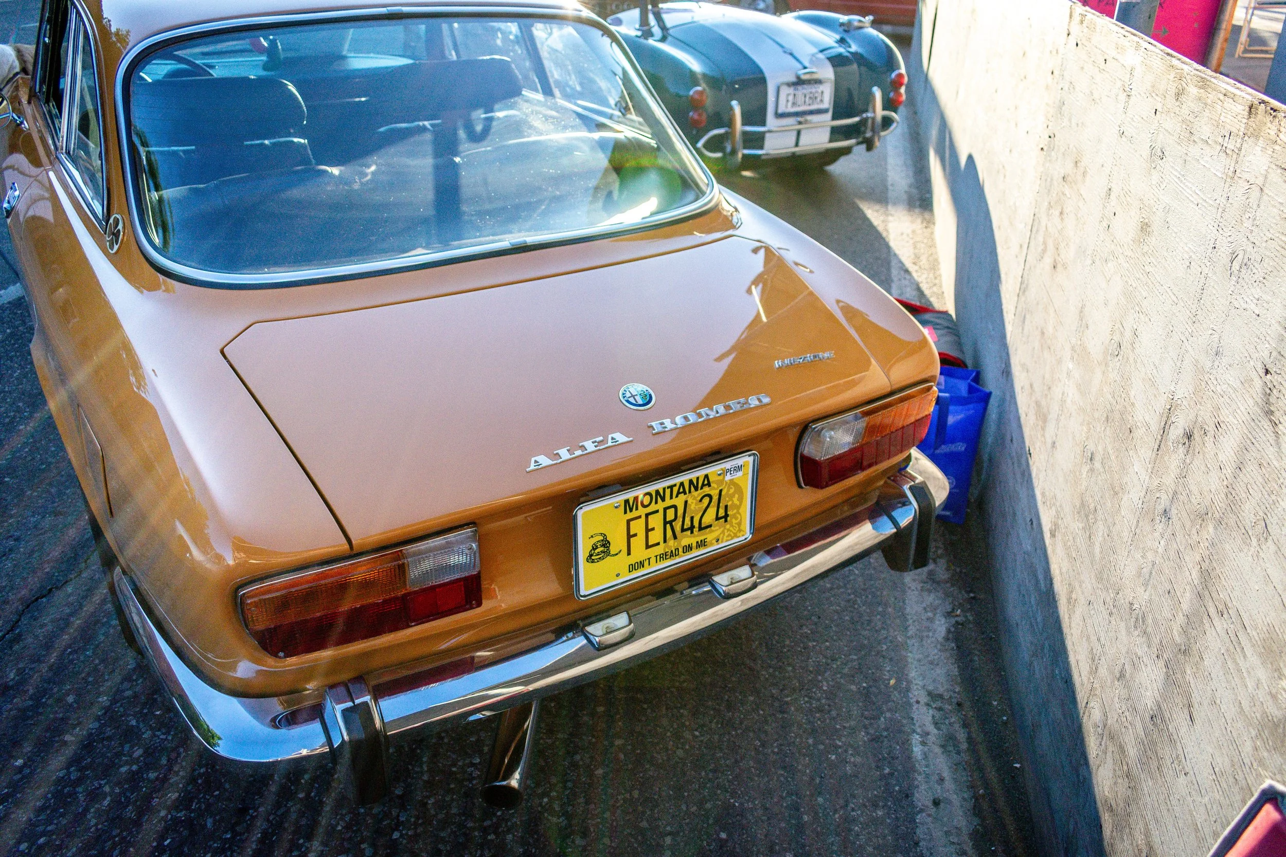 Rear view of the Alfa Romeo GTV showing the Alfa Romeo script badge and Montana license plate