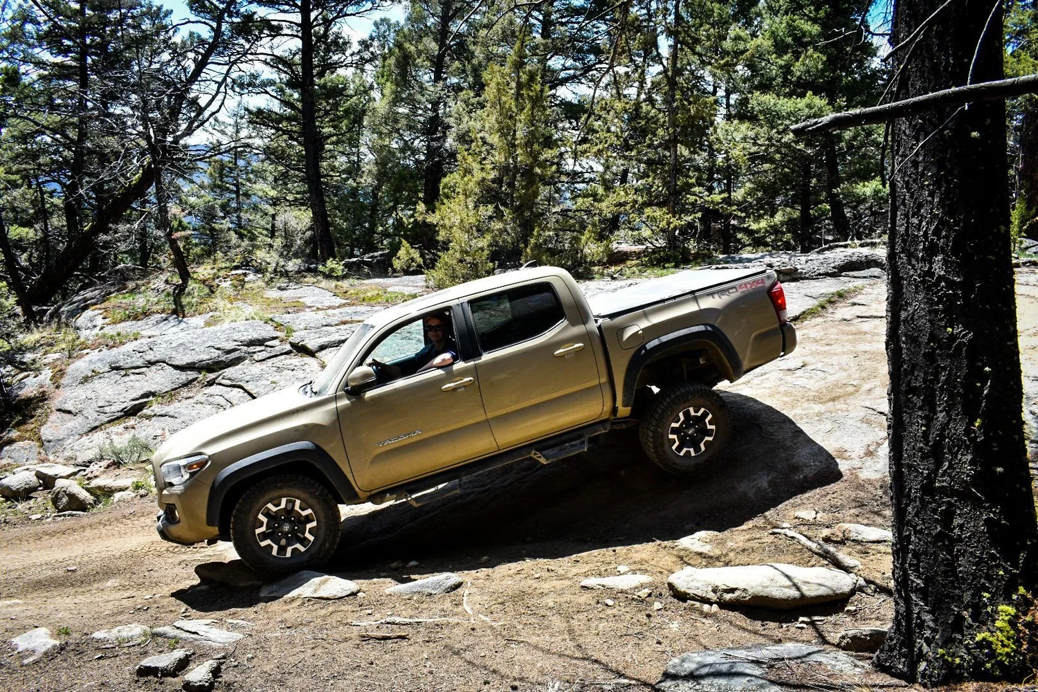 Tan Toyota Tacoma flexing across a tilted granite slab among pine trees on the Ringing Rocks trail near Pipestone, Montana