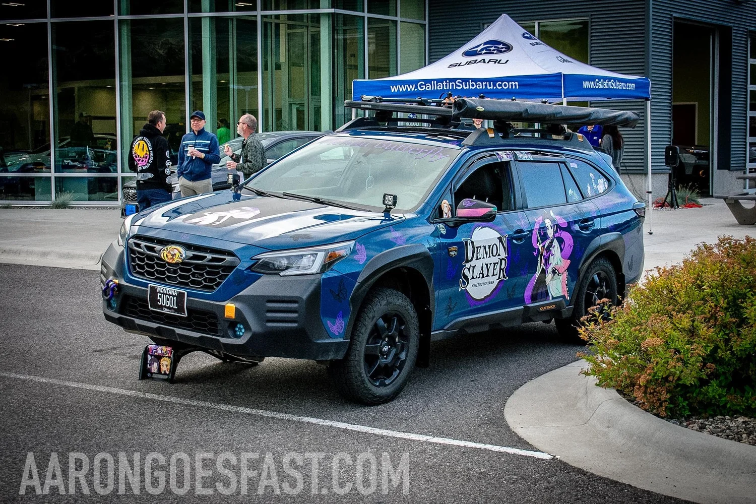 Subaru wrapped in a full anime-character itasha livery
