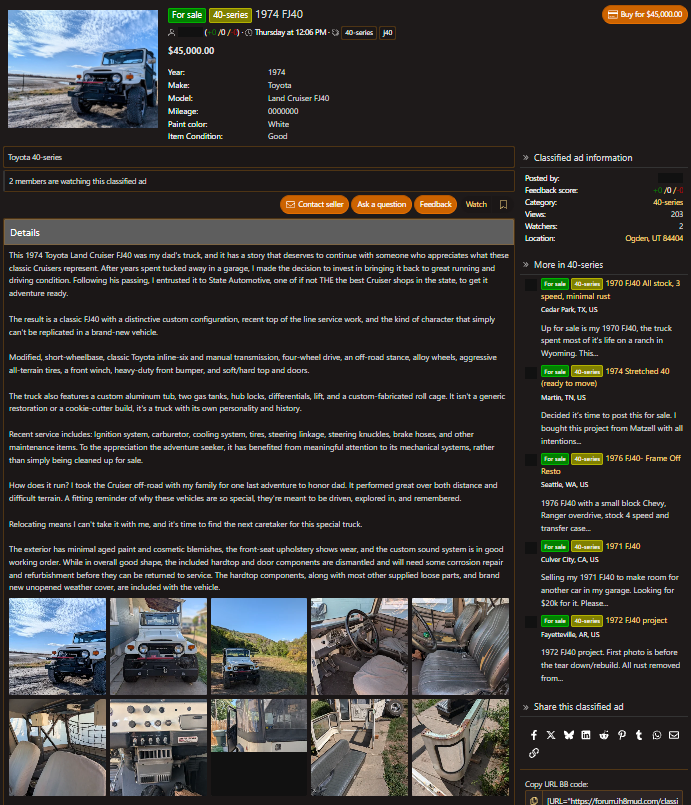 Saved copy of the IH8MUD classified ad for a 1974 Toyota FJ40 in Ogden, Utah