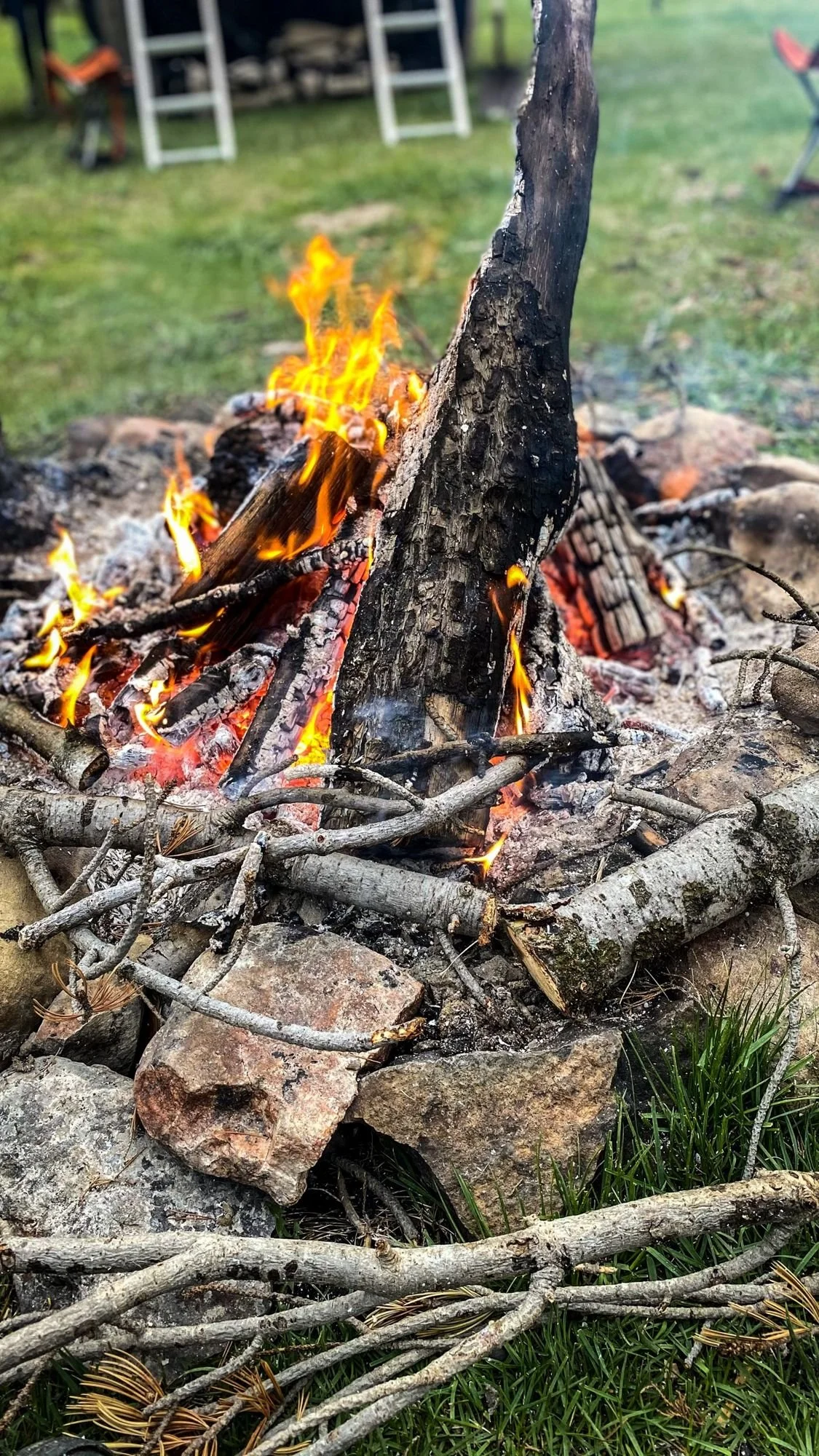 Campfire burning in a ring of rocks and branches on green grass on a 406 Cruisers run in the upper Ruby River country, Montana