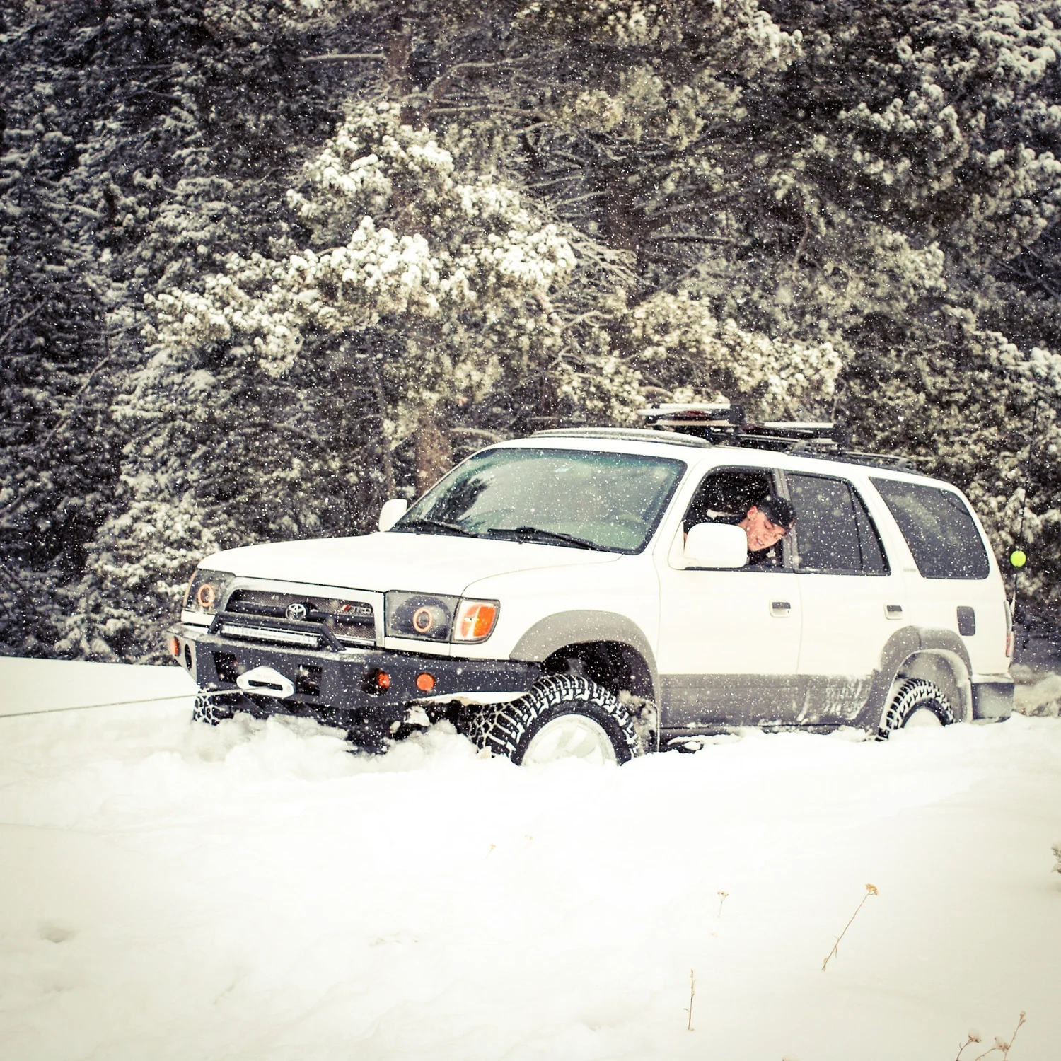 White third-generation Toyota 4Runner with chains in axle-deep fresh snow under snowy trees during a December snow wheeling run in Montana