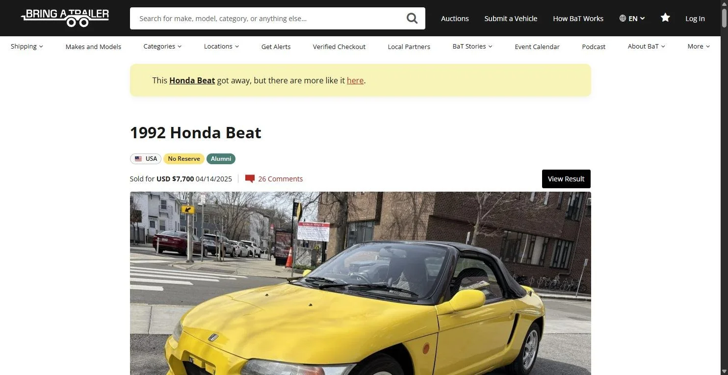 Saved copy of the Bring a Trailer auction for a 1992 Honda Beat in Cambridge, Massachusetts
