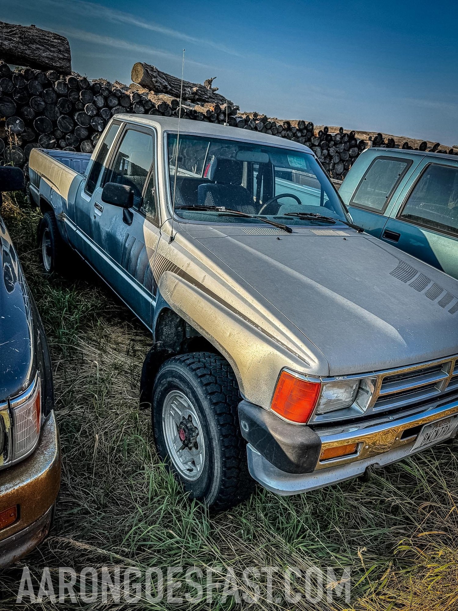 Two-tone blue and gold Toyota pickup in front of a firewood pile