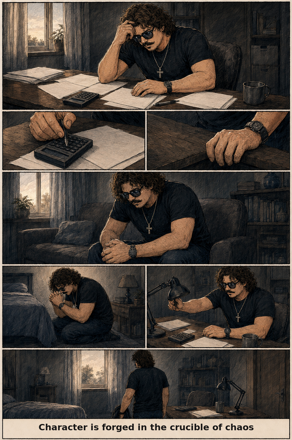 Comic page of a man writing in a journal at a desk at night