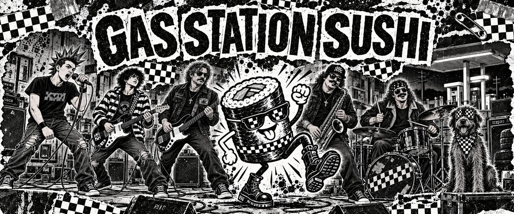 Gas Station Sushi ska punk band artwork — black and white checkerboard collage with dancing sushi mascot