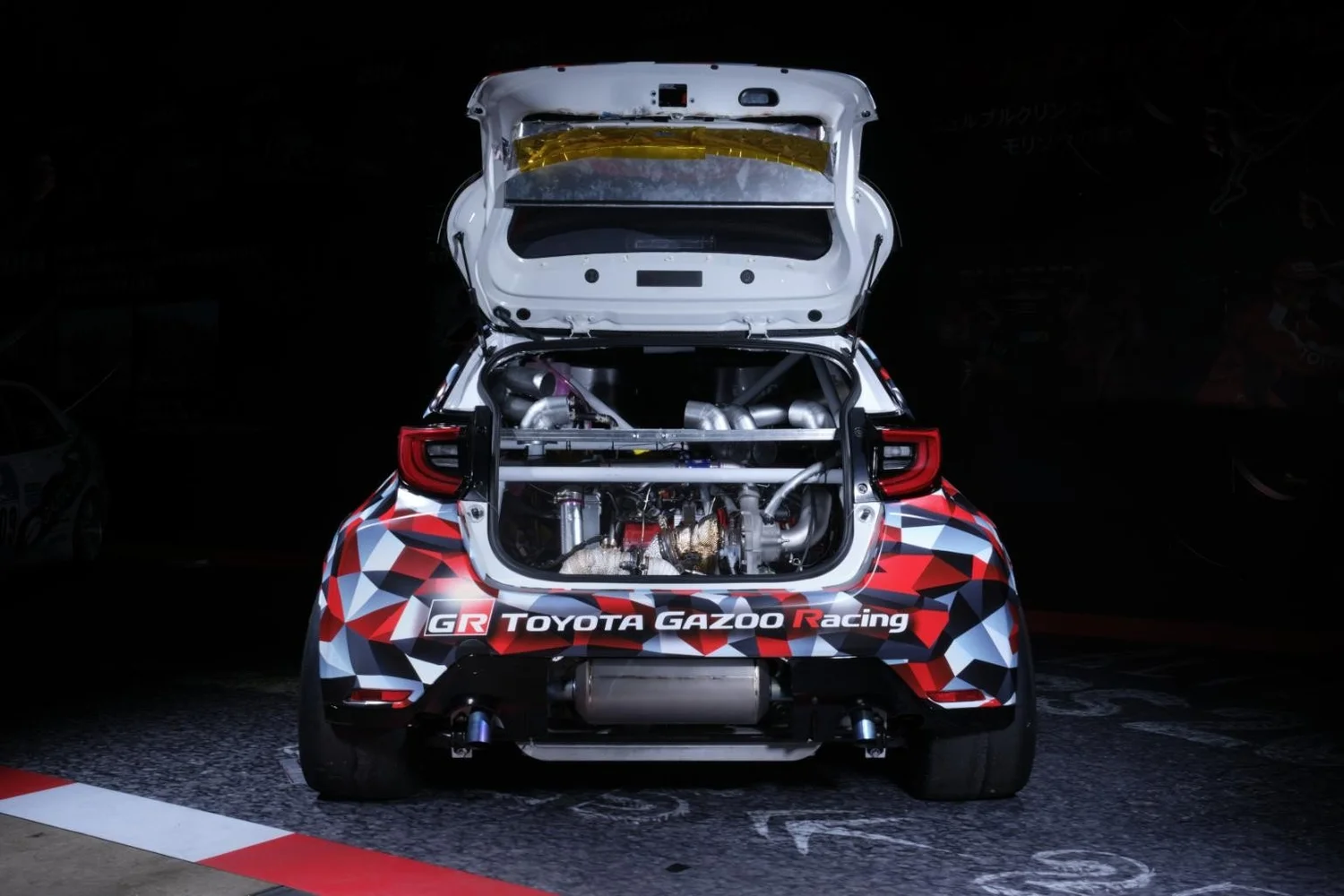 Toyota GR Yaris M Concept rear hatch open showing its mid-mounted turbo engine