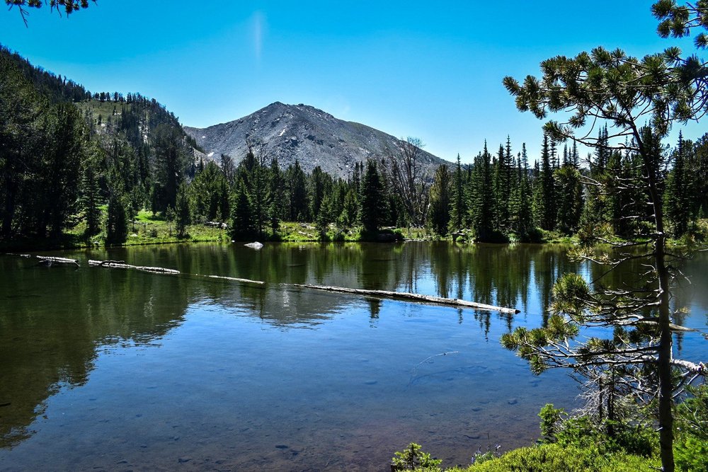 Noble Lake with a rocky peak rising beyond the trees