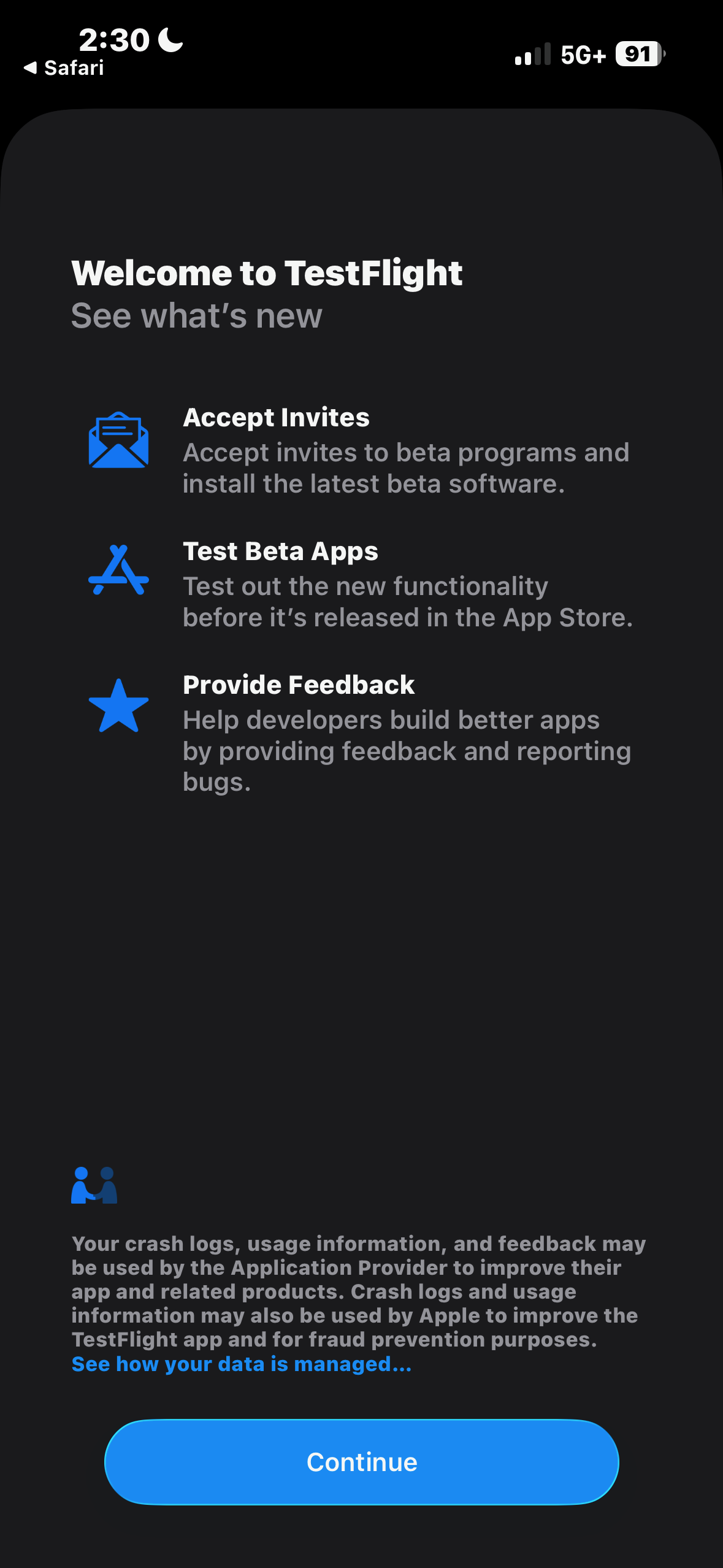 Protecht Health install screen in TestFlight