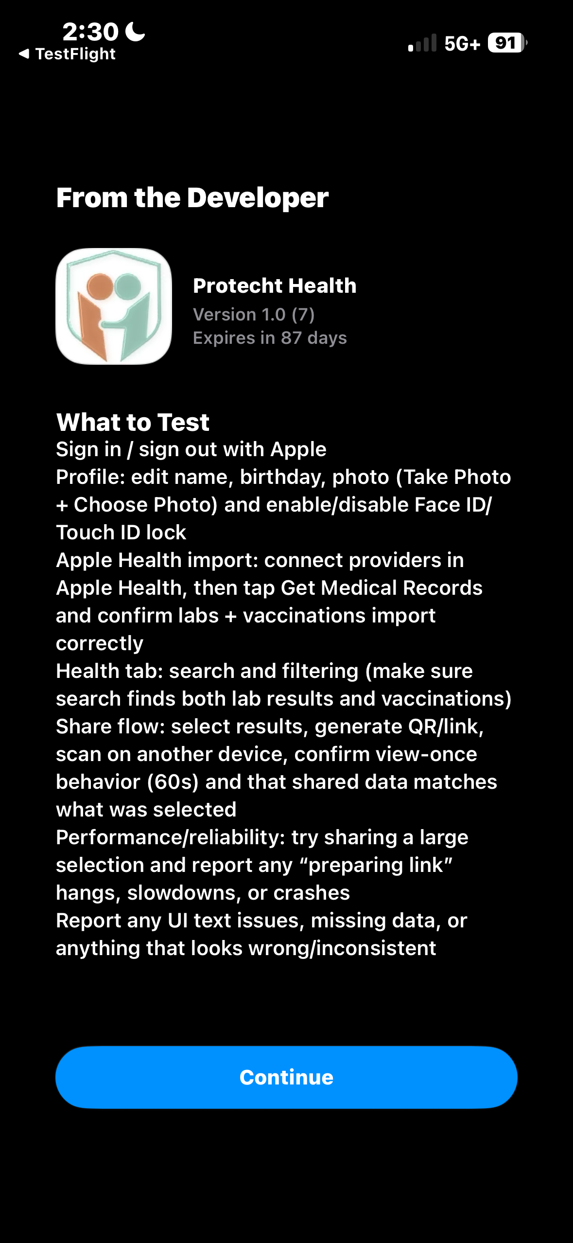 What to Test list in TestFlight