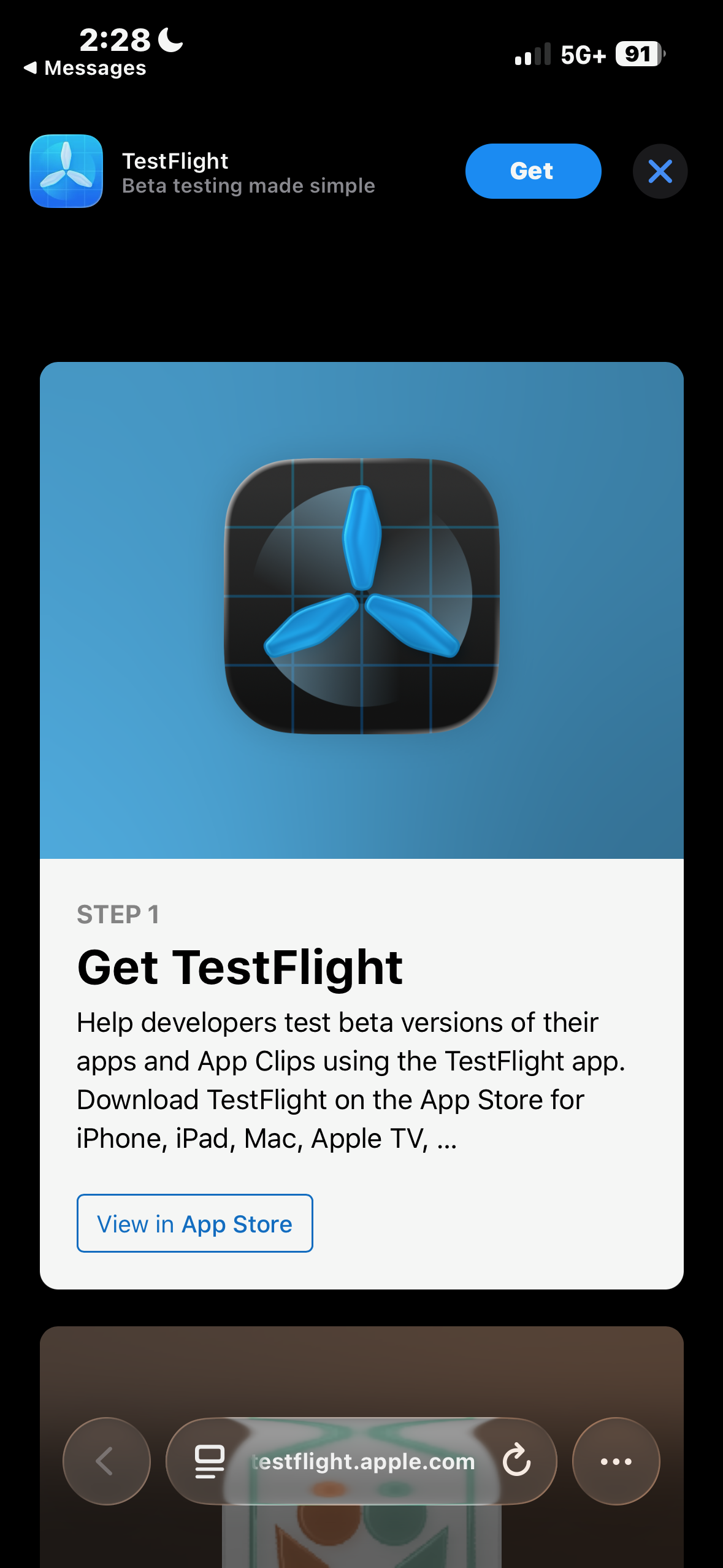 TestFlight landing page — Step 1 Get TestFlight, Step 2 Protecht Health