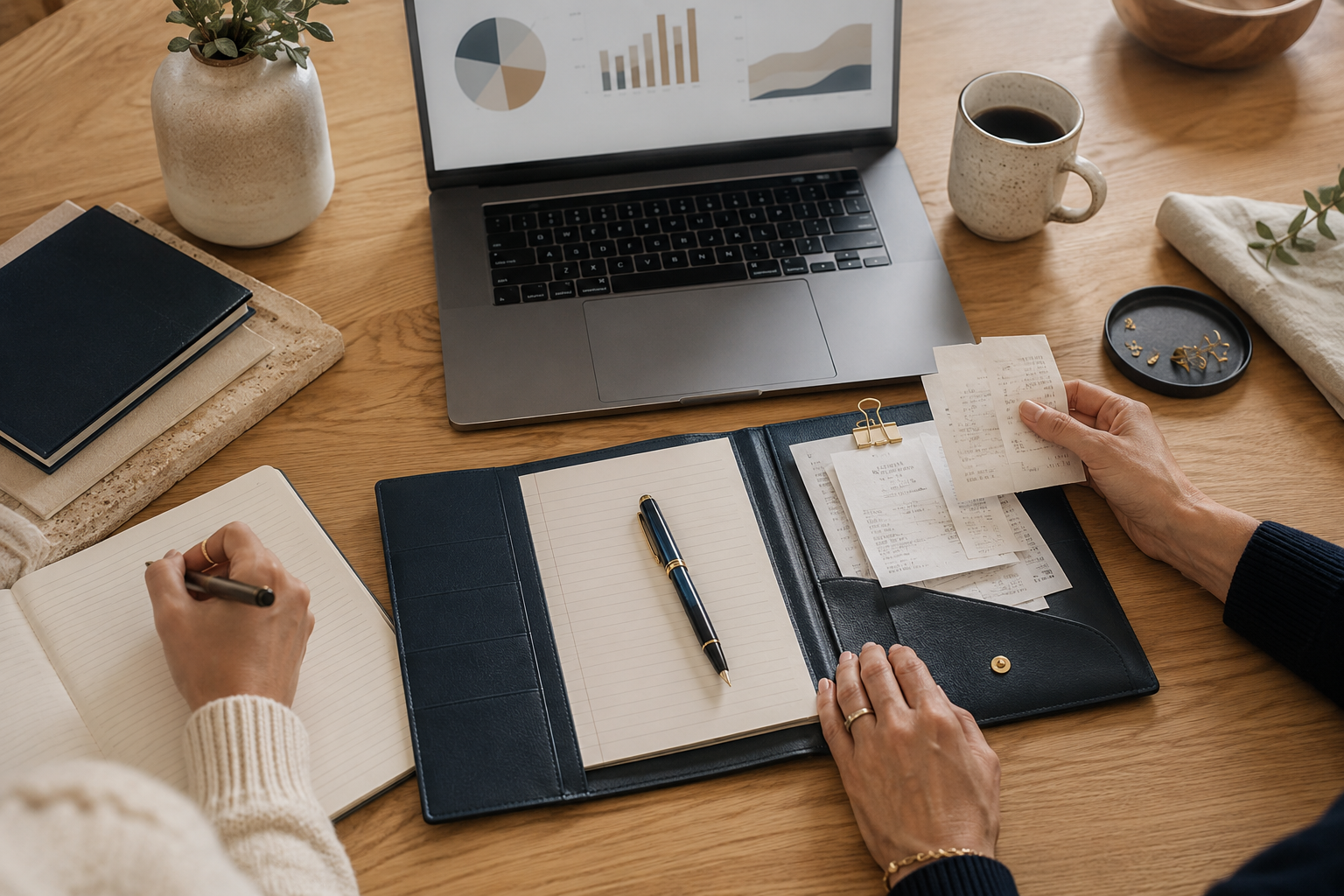 Bookkeeper organizing receipts and monthly financial records at a desk