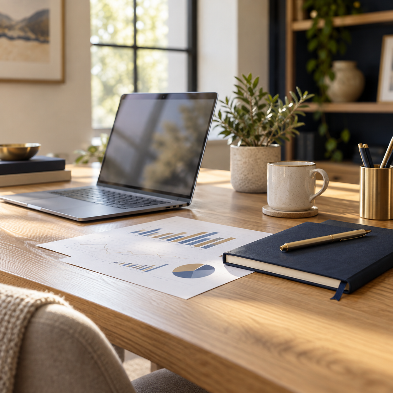 Organized bookkeeping workspace with a laptop, financial reports, and navy notebook