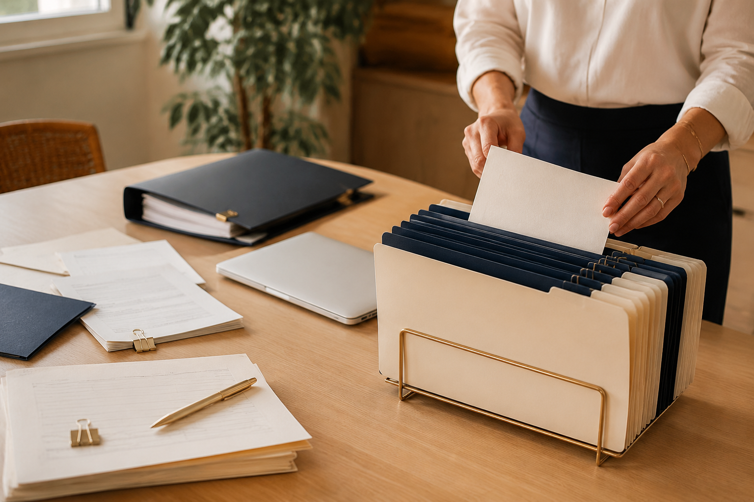 Business records being organized into labeled folders during a bookkeeping cleanup
