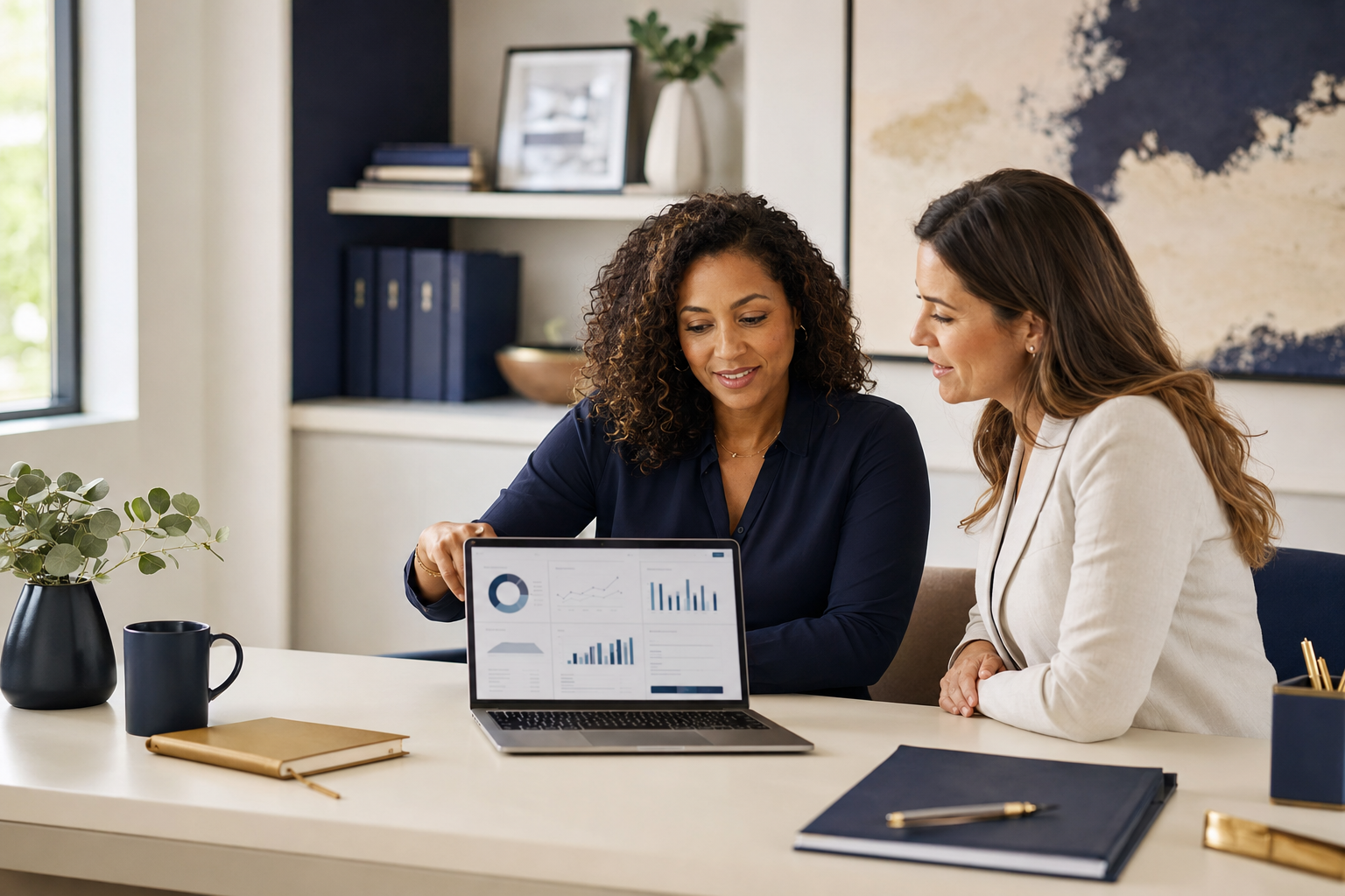 Business owner planning financial systems with a bookkeeping consultant