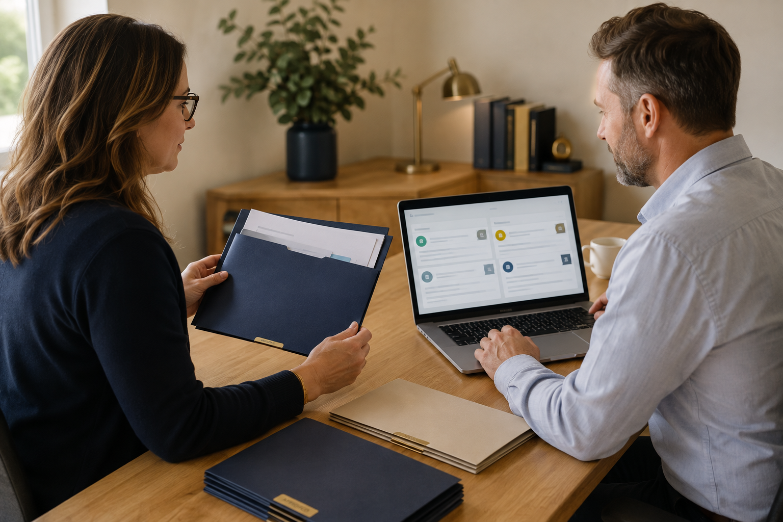 Bookkeeper and business owner reviewing an organized accounts payable and receivable workflow