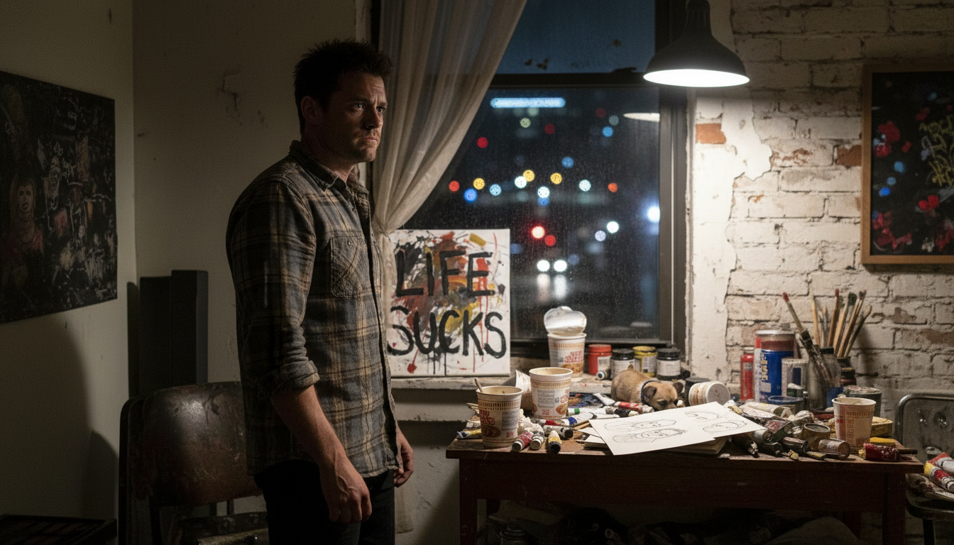 Man standing in a cluttered art studio at night, with a window of blurred city lights and a canvas reading 'LIFE SUCKS'.