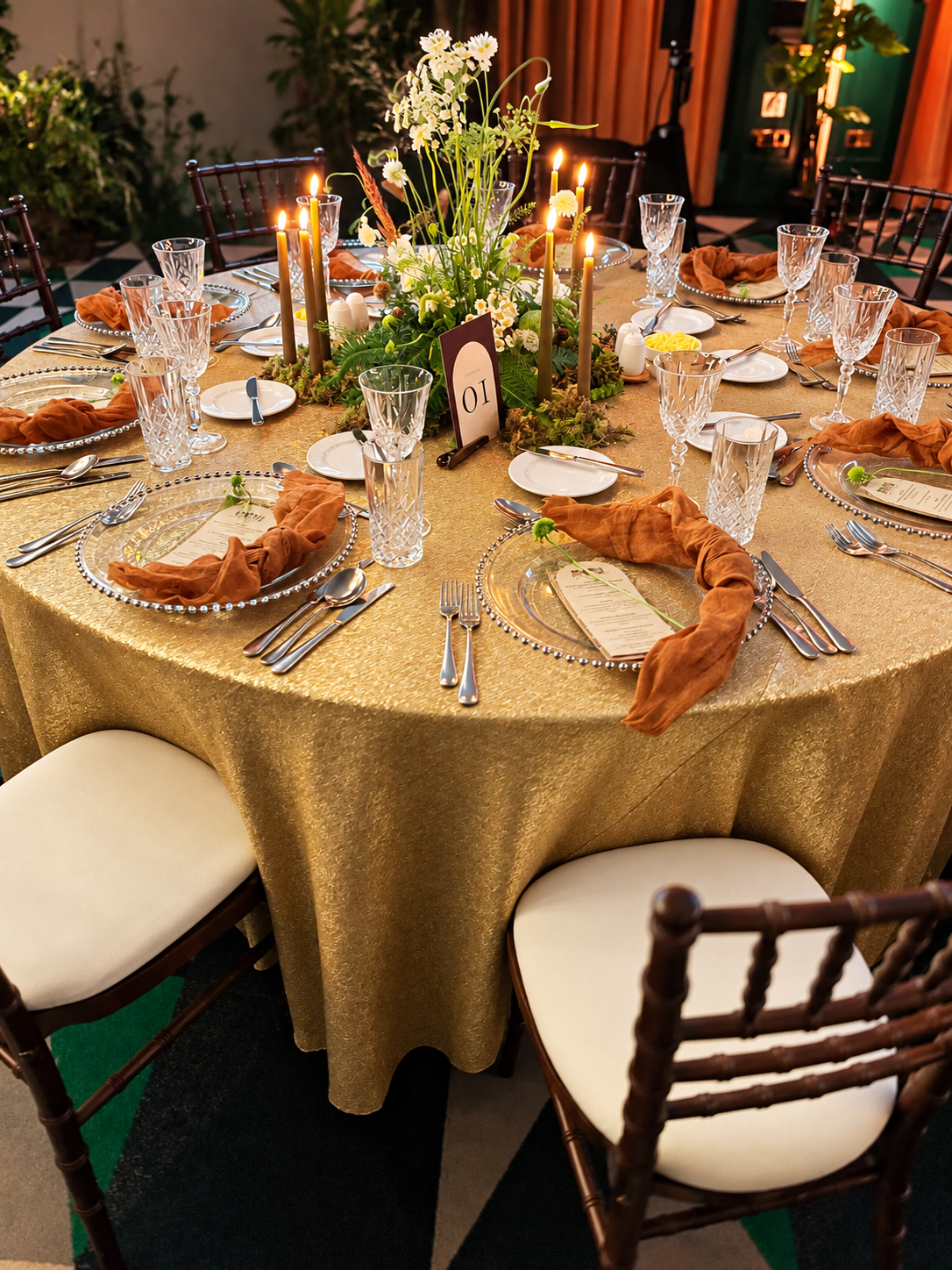 Warmly lit event dining table