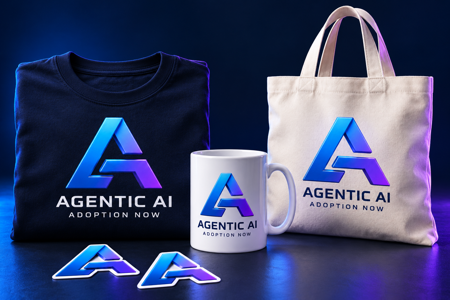 Concept preview of Agentic AI branded T-shirt, mug, tote, and logo stickers