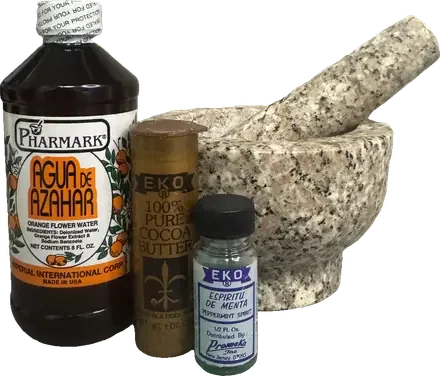 Agua de Azahar, cocoa butter, Espíritu de Menta and a mortar