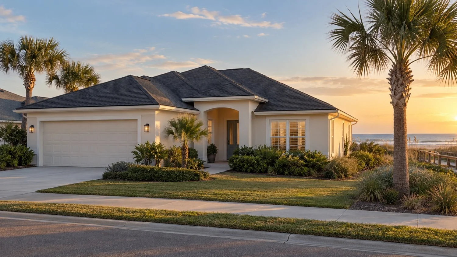 Coastal Northeast Florida home with an asphalt shingle roof at golden hour