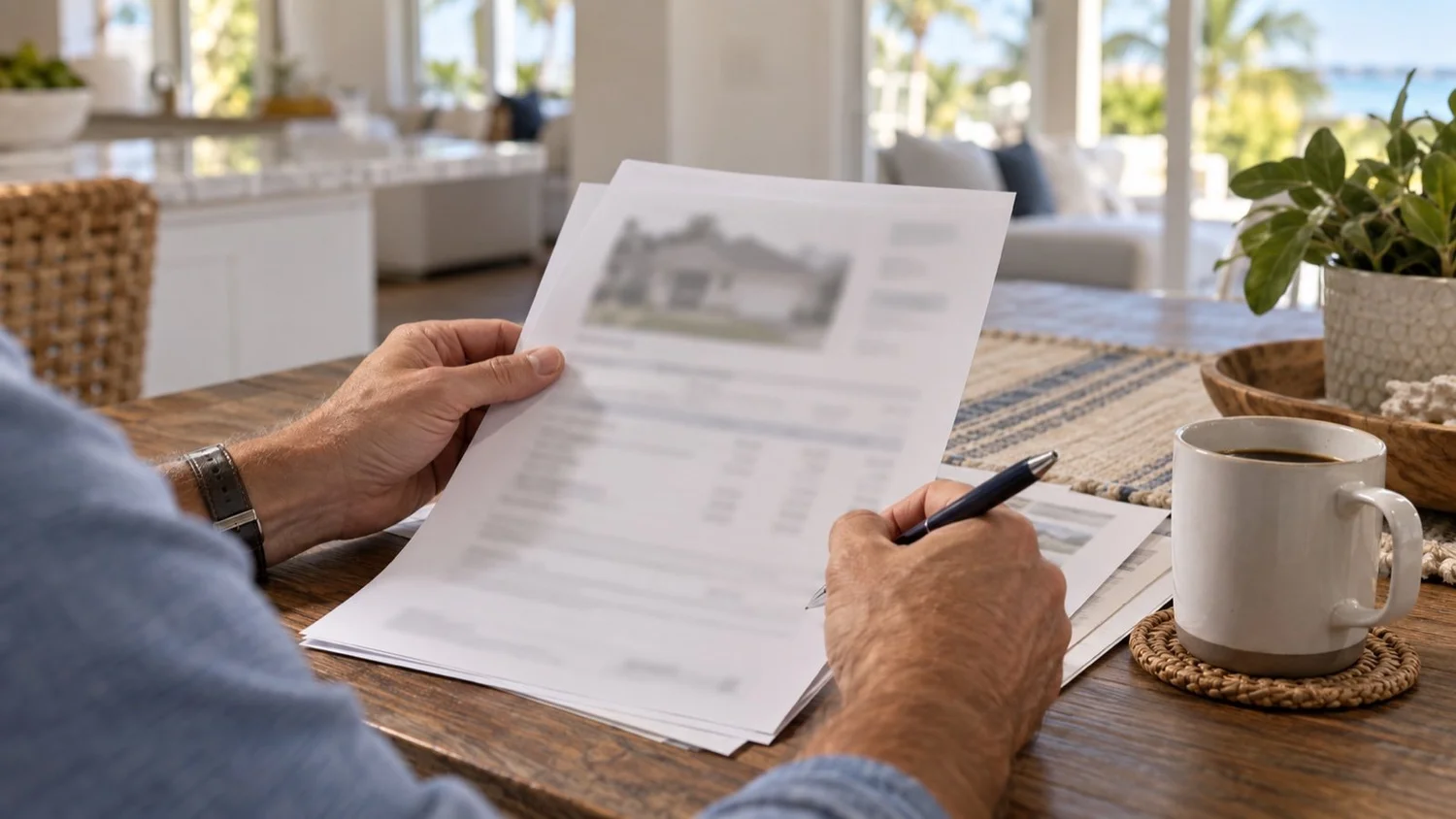 Homeowner reviewing a written roofing estimate at a kitchen table