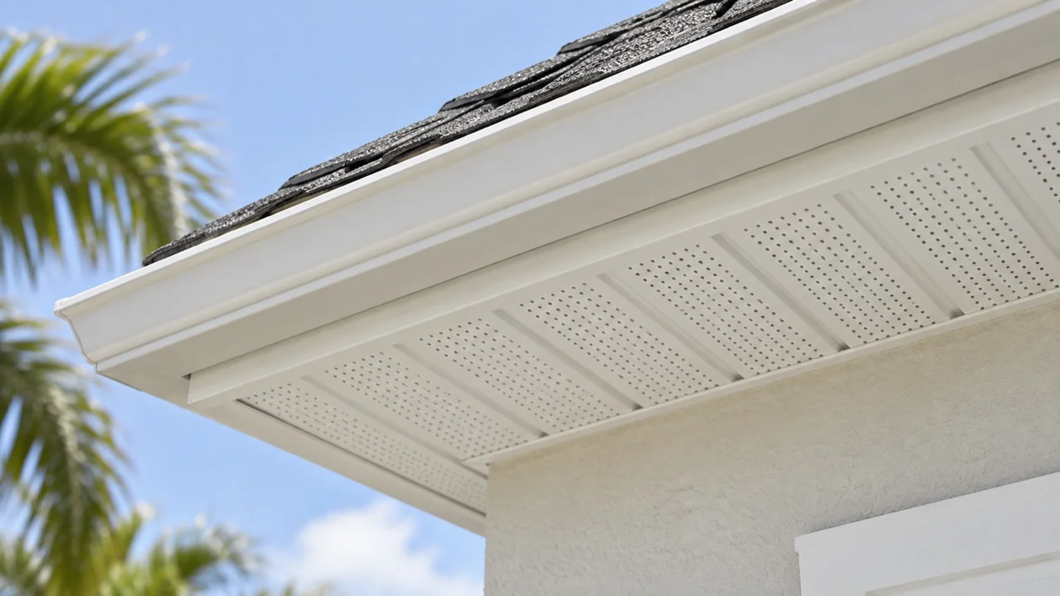 Soffit vent under a roof overhang that lets outside air into the attic