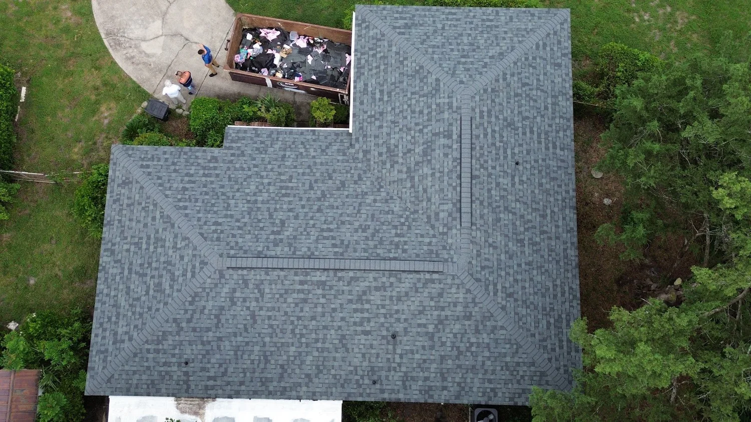 Drone view of a completed 7V shingle roof replacement