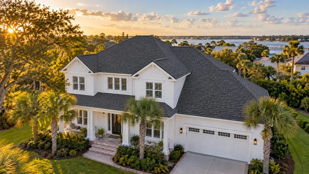 Illustrative photo of a coastal Northeast Florida home with a dark architectural shingle roof at sunset