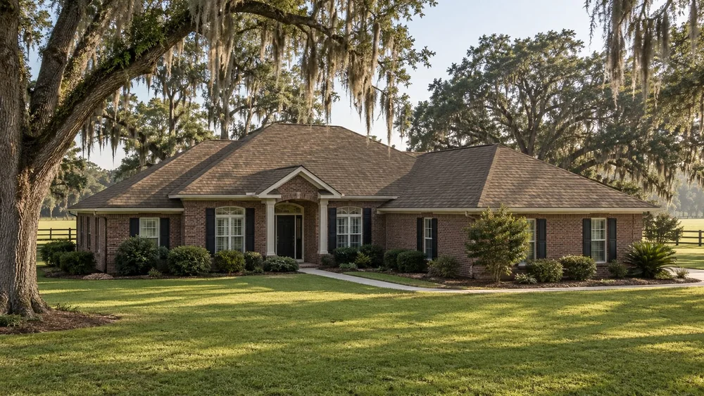 Illustrative photo of a brick ranch home with a brown architectural shingle roof under live oaks
