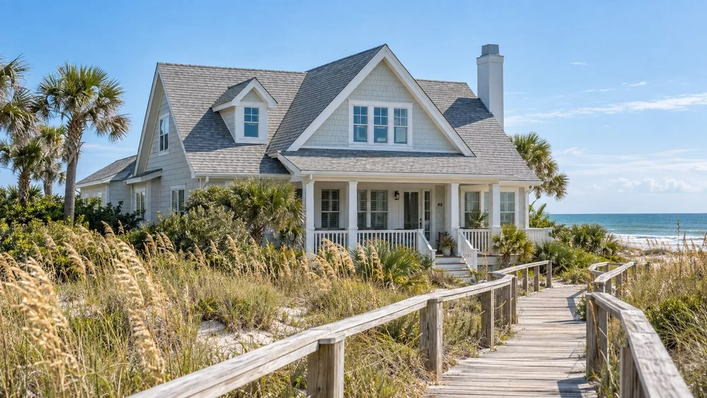 Illustrative photo of a beach cottage with a gray architectural shingle roof near the dunes