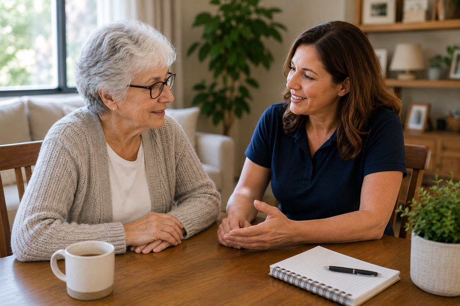 Older adult speaking with an in-home care representative at a kitchen table