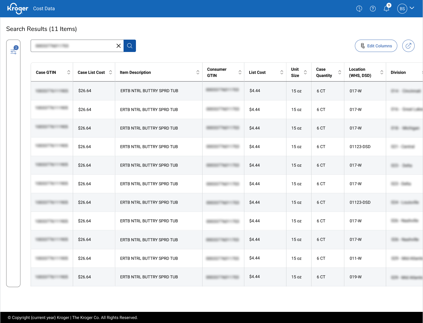 Unified cost data table — final view