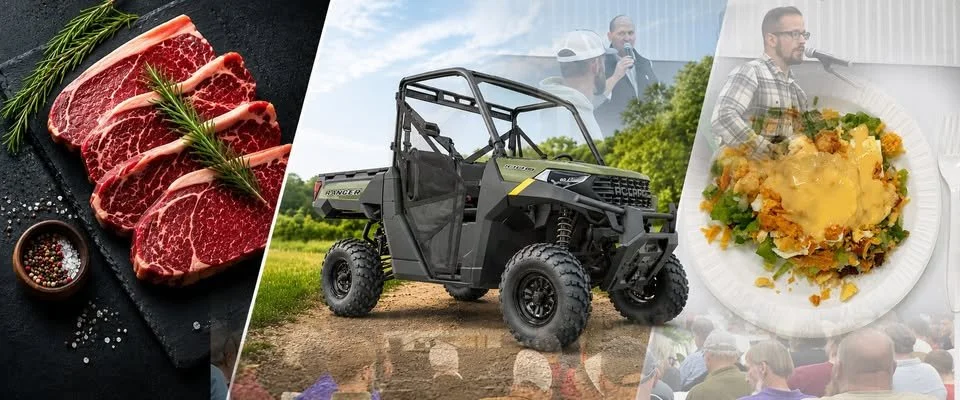 Adoration School fundraiser collage featuring beef, a Polaris Ranger, a haystack dinner, and auction scenes