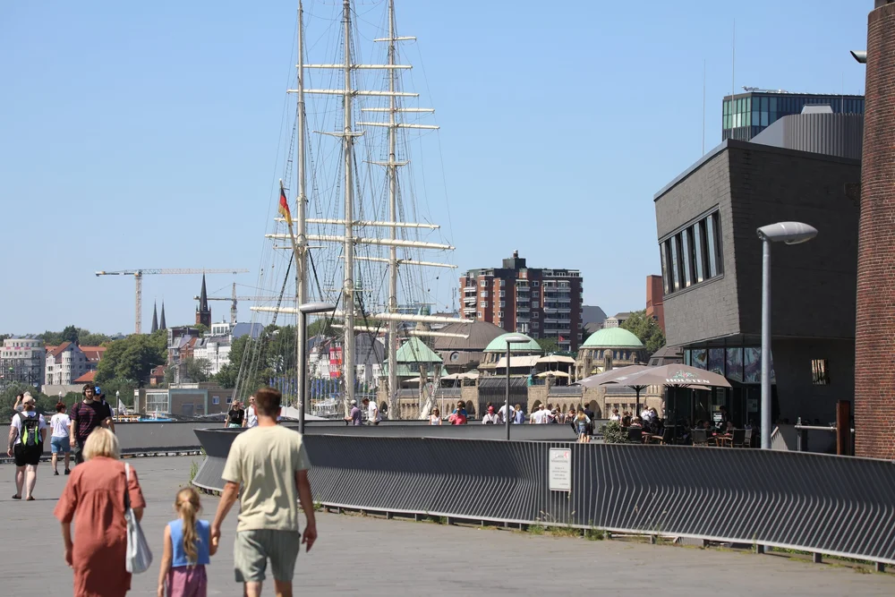 Hamburger Hafenpromenade mit einem Segelschiff