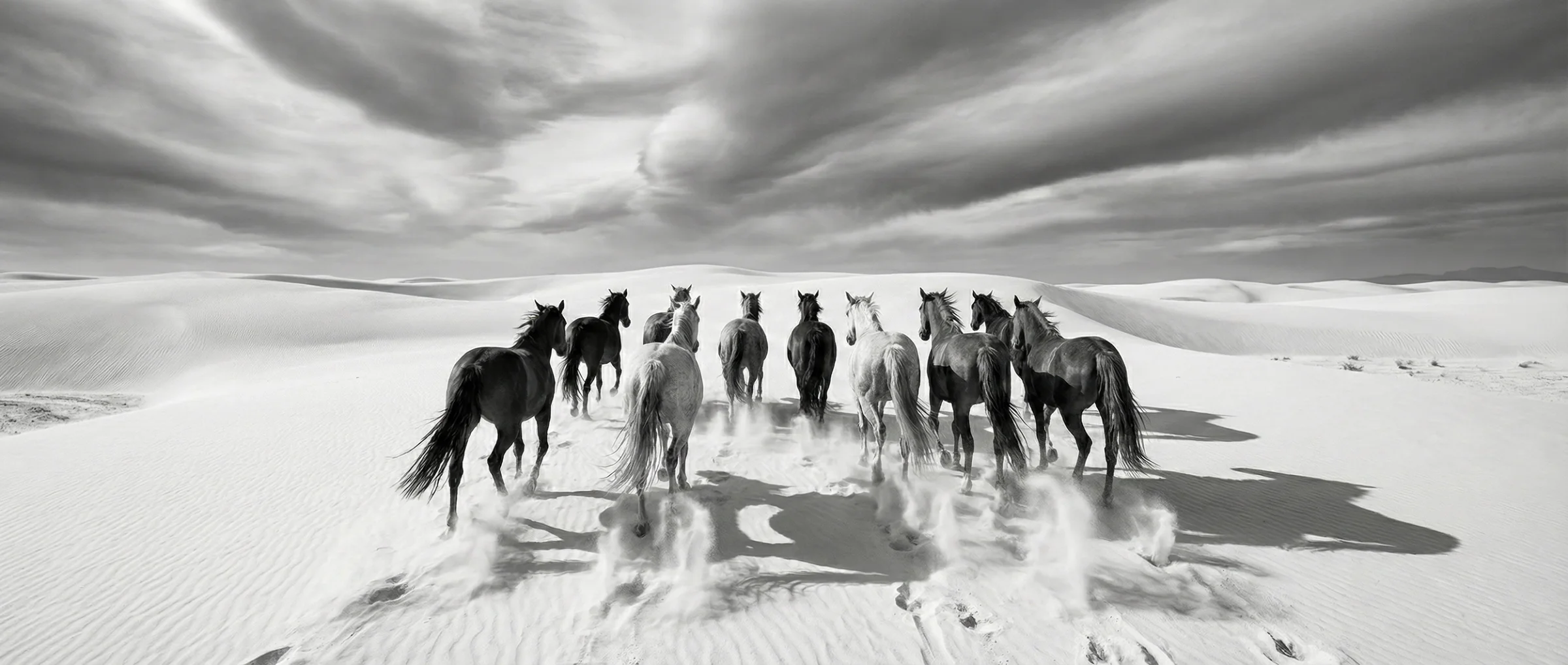 Dawn Crossing — horses emerging through morning haze across the dune ridge by Raphael Macek