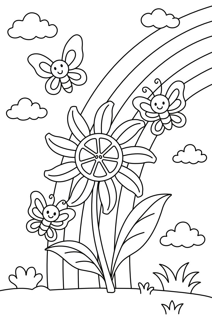 Day 1 picture to color: a flower and butterflies under a rainbow