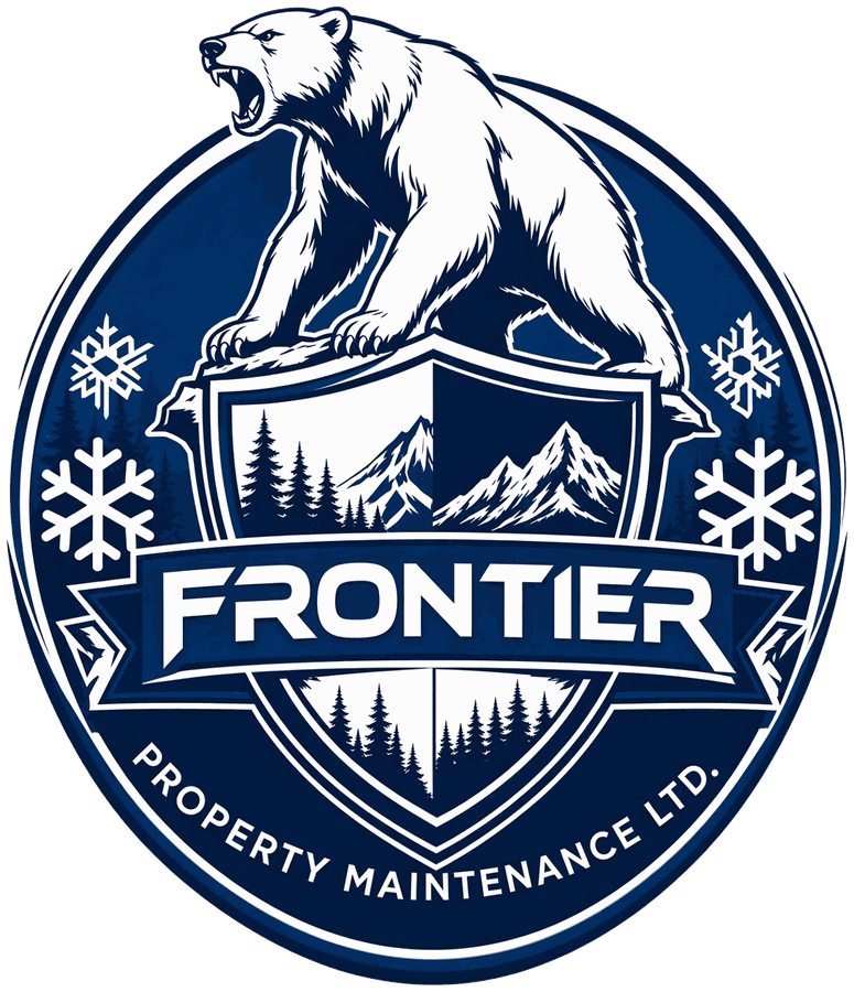 Frontier Property Maintenance Ltd. winter logo: polar bear badge with snowflakes