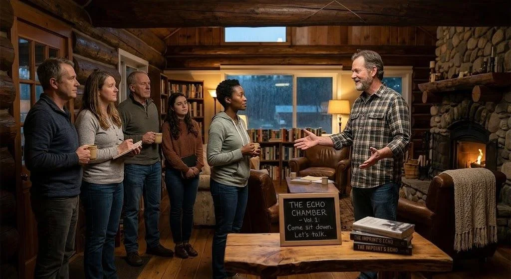 A small peer group gathered in a warm cabin setting for an open discussion on PTSD recovery — The Echo Chamber by Allen Joyner