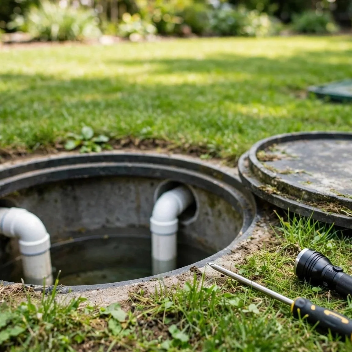 septic tank exposed with lid open and pipes visible