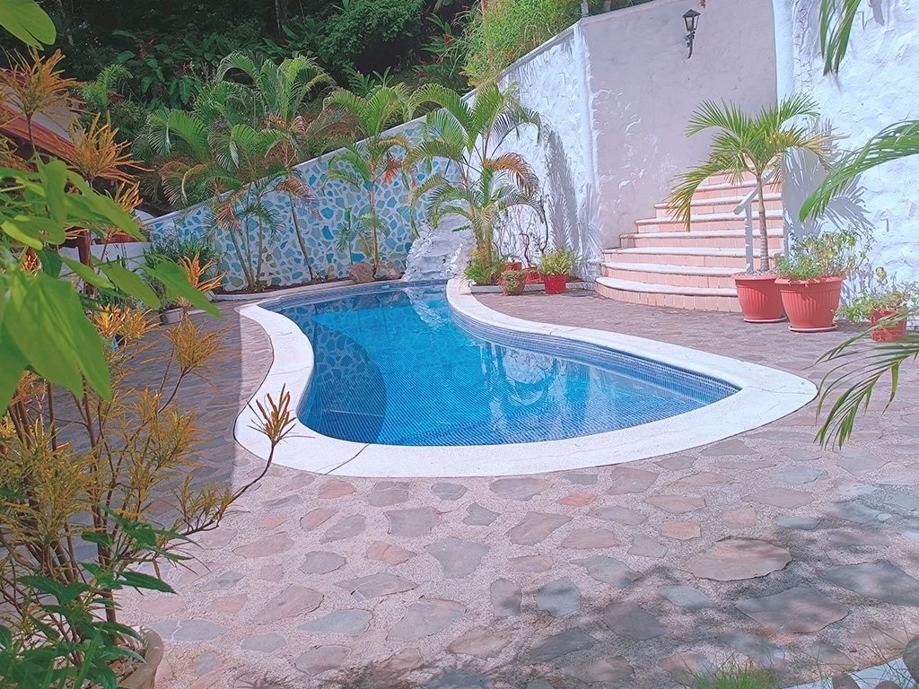 Pool area with stone patio and tropical garden surroundings at Jungle House Calle Hermosa.