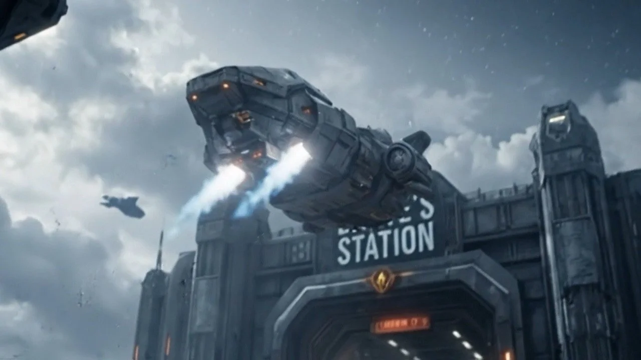 A ship launches from the station