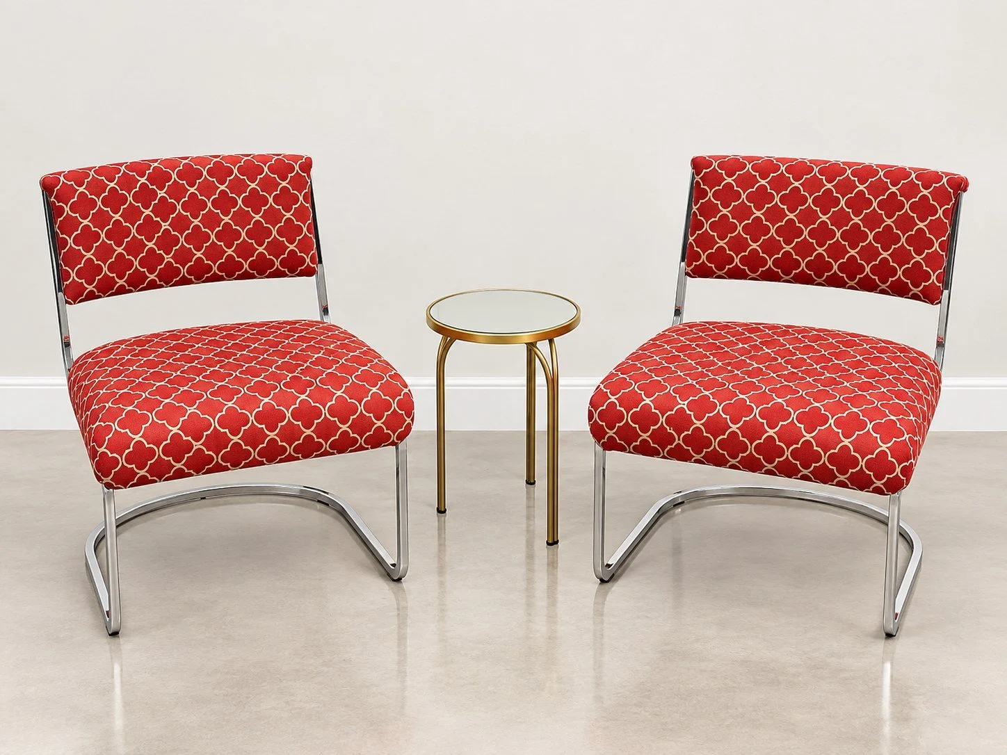 Mid-Century Modern Orange and White Chairs shown with a gold table.