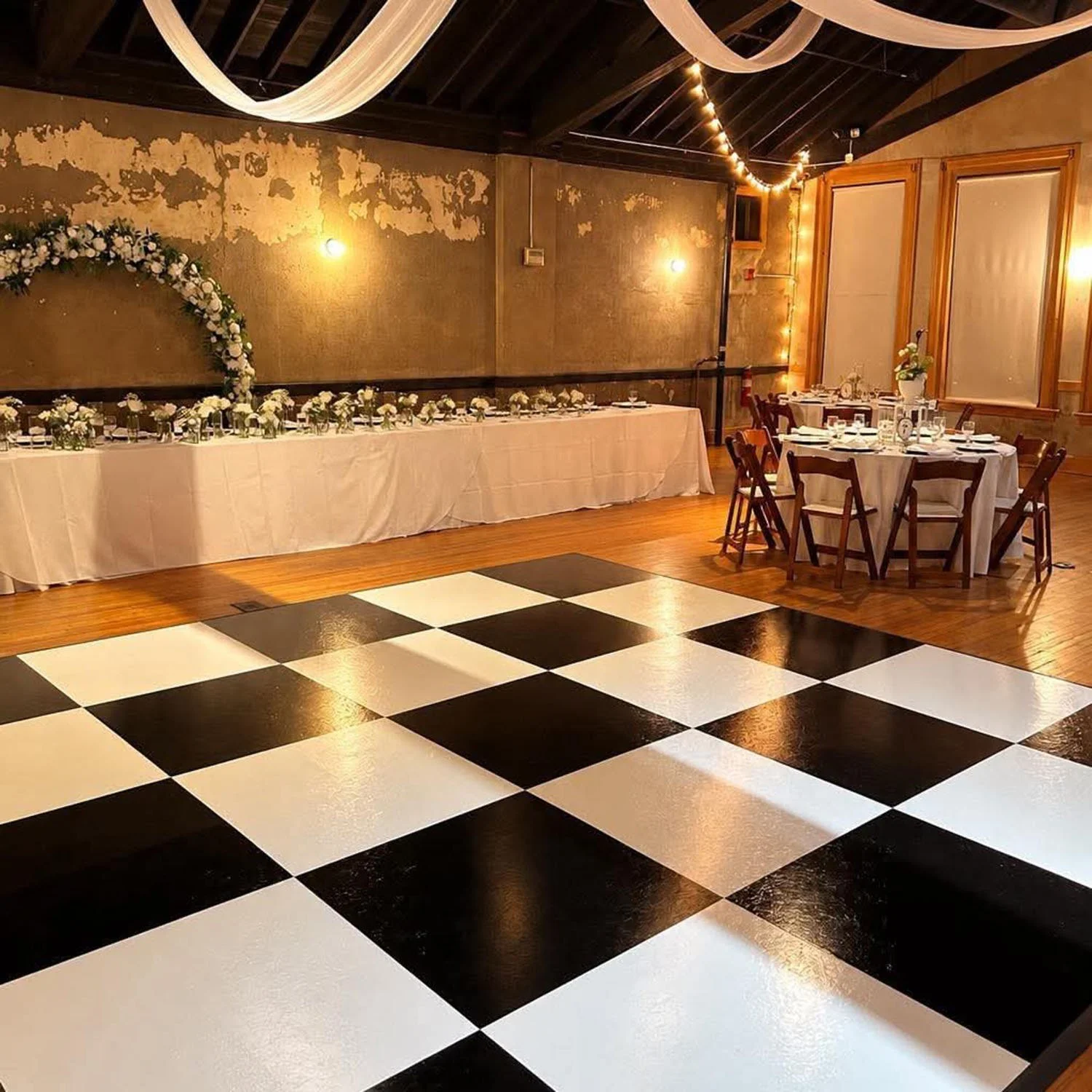 Black and white checkered dance floor.